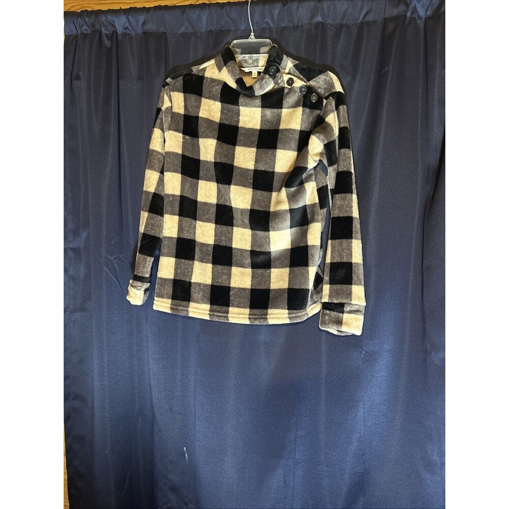 Emily Daniels Buffalo Plaid Fleece Pullover Mock Neck Button Accent Top Size Sm